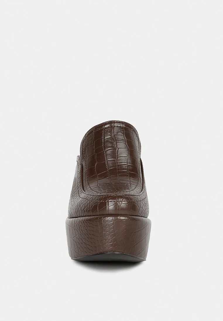 Bauhaus Croc Pattern Heeled Platform Mules