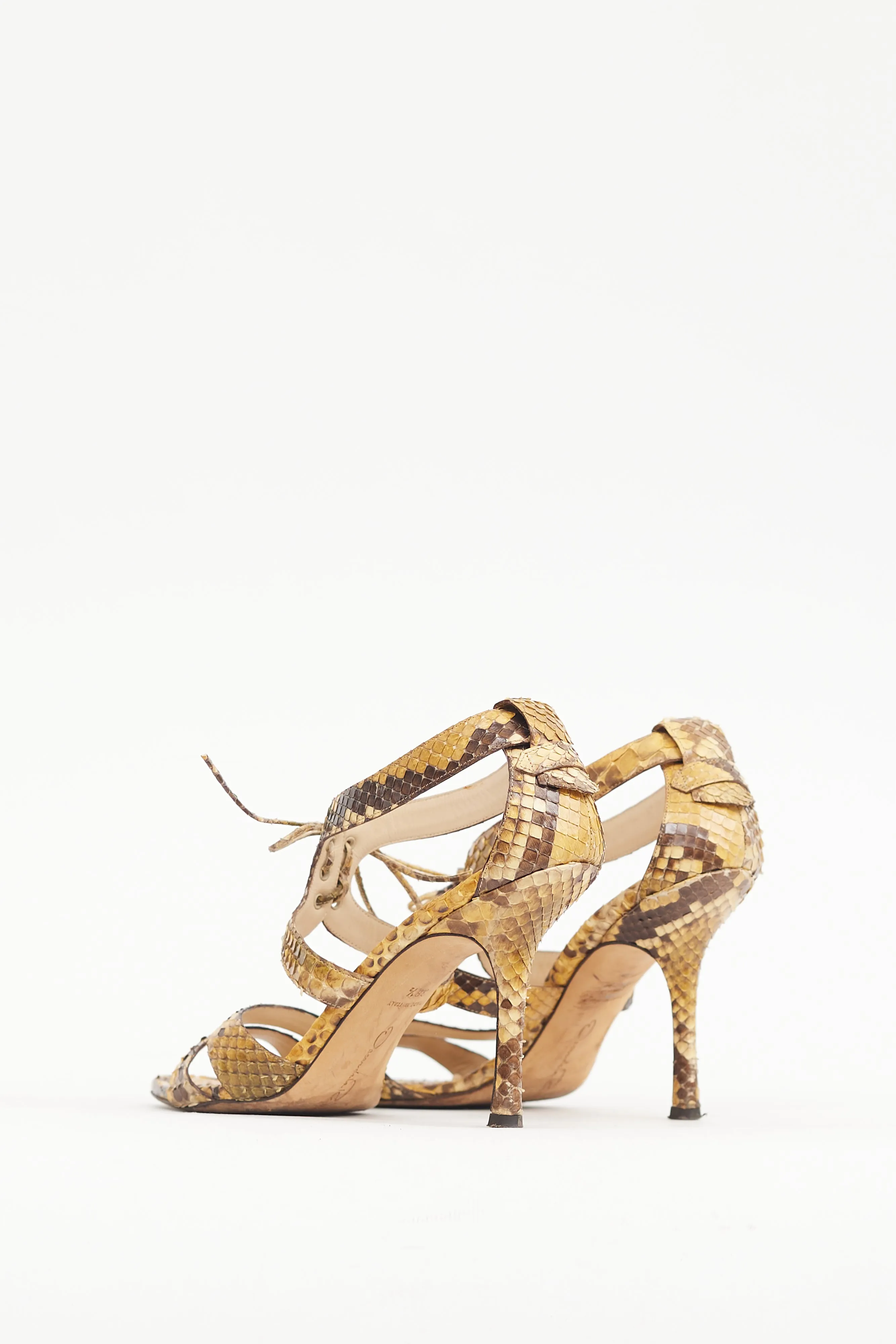 Beige & Brown Textured Leather Lace Up Heel