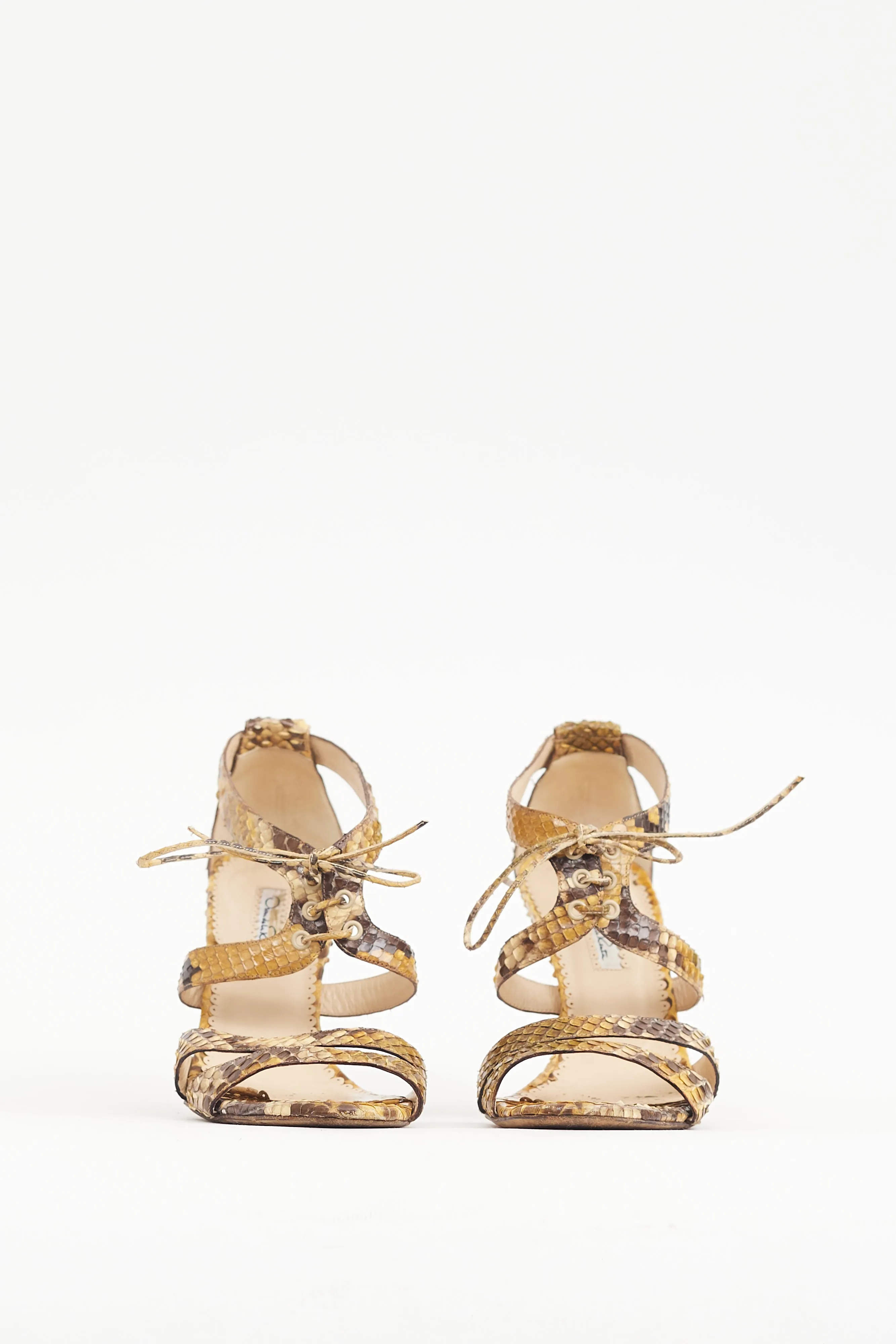 Beige & Brown Textured Leather Lace Up Heel