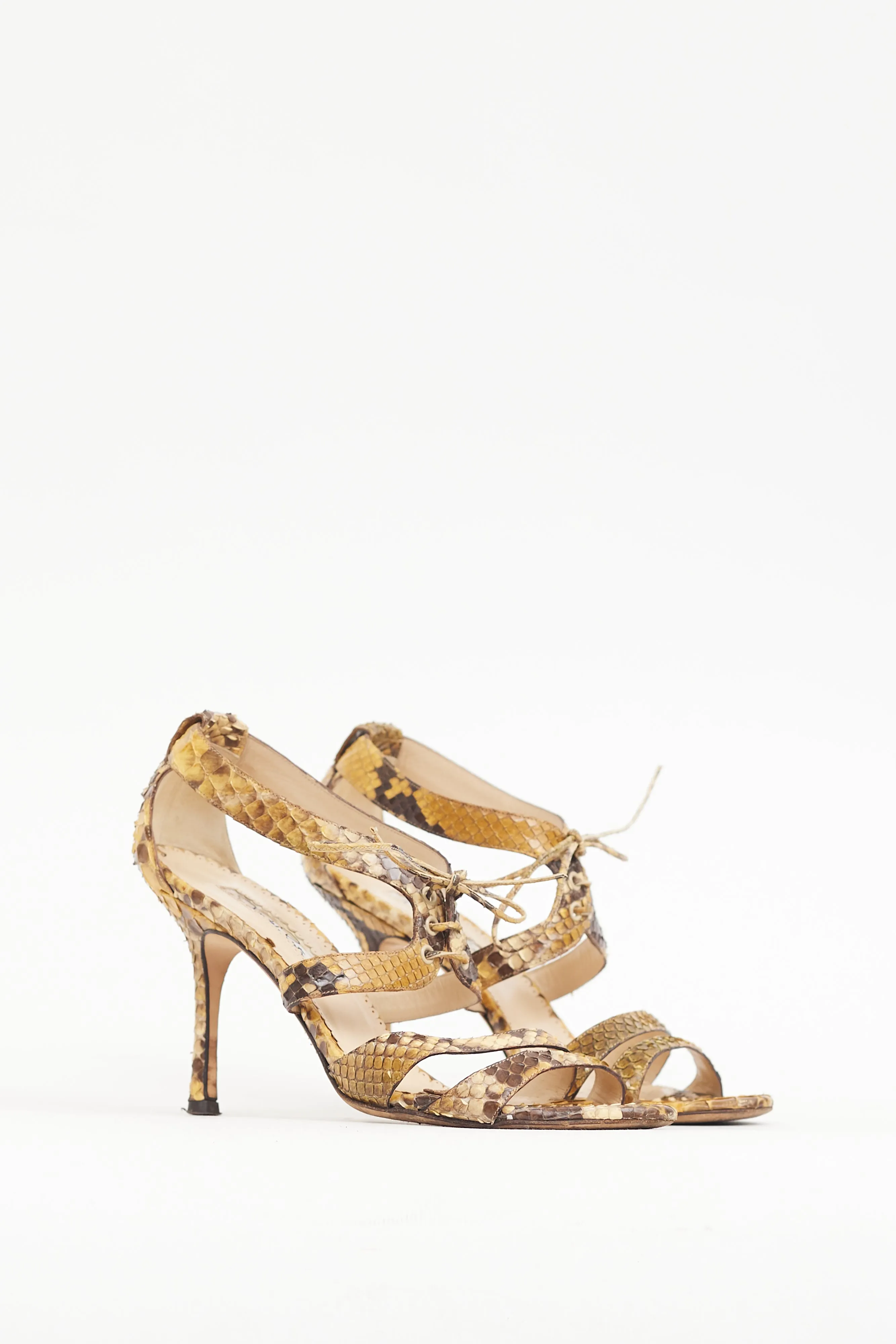 Beige & Brown Textured Leather Lace Up Heel