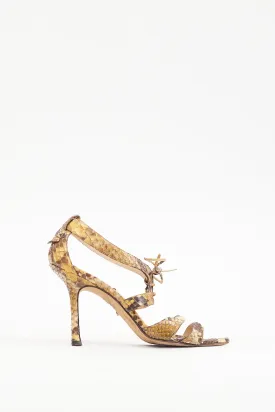 Beige & Brown Textured Leather Lace Up Heel