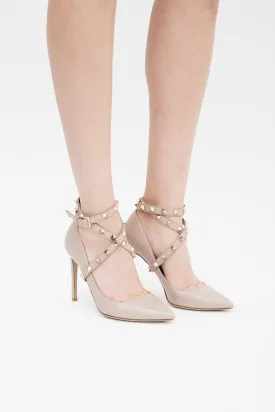 Beige Leather Rockstud Wrap Pump