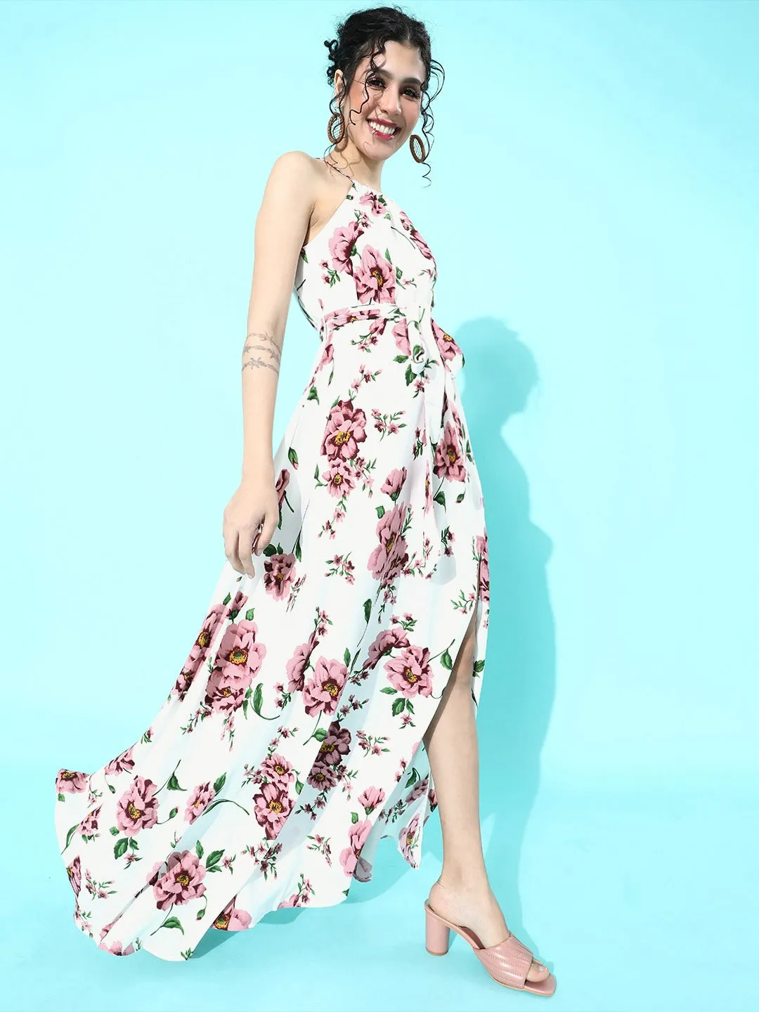 Berrylush Women White Floral Halter Neck Belted Split Thigh Maxi Dress