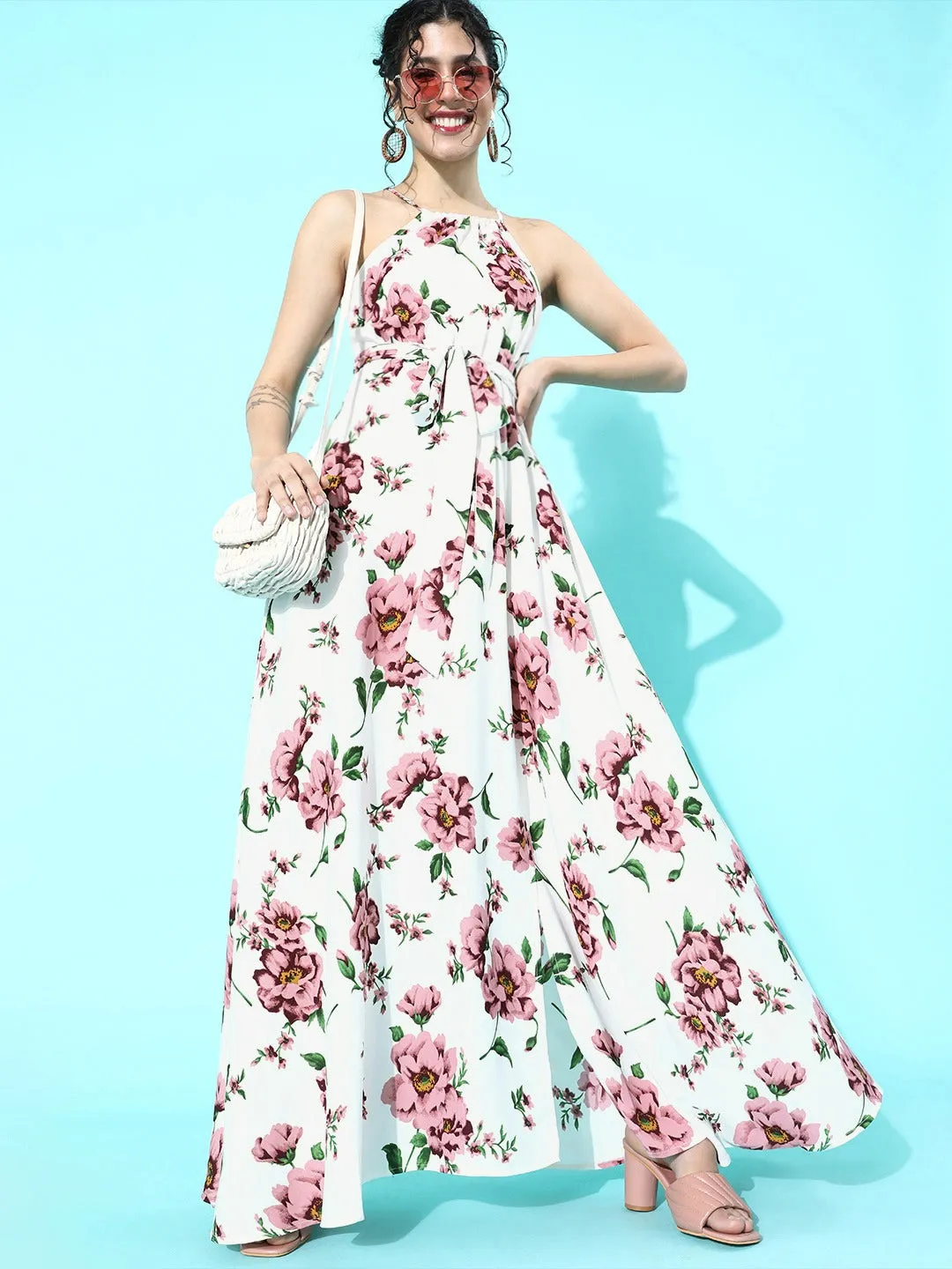 Berrylush Women White Floral Halter Neck Belted Split Thigh Maxi Dress
