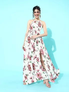 Berrylush Women White Floral Halter Neck Belted Split Thigh Maxi Dress
