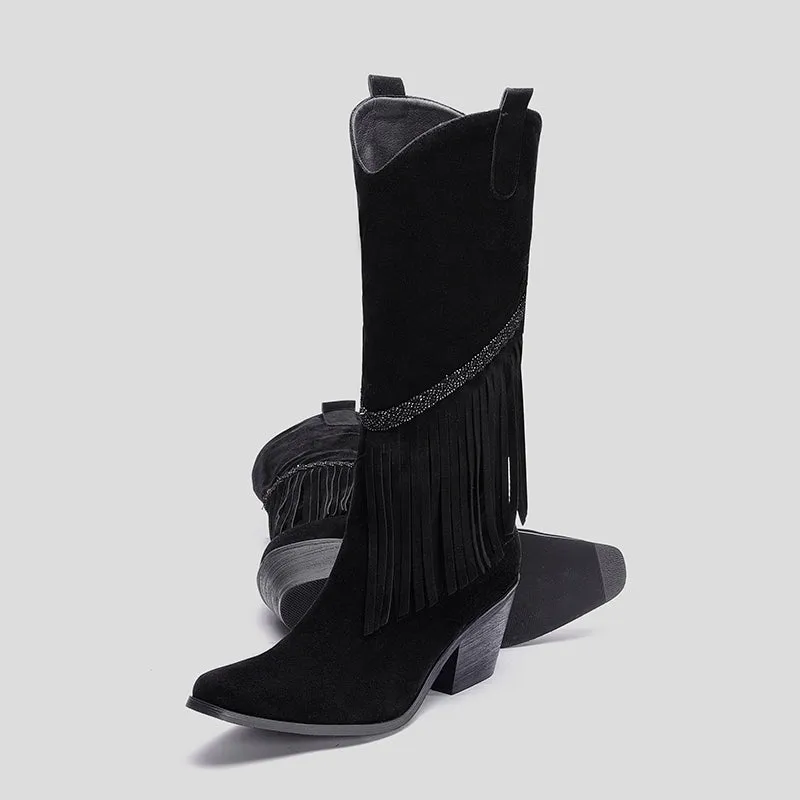Bigsizeheels Chunky heel high tube square toe fringed boots- Black