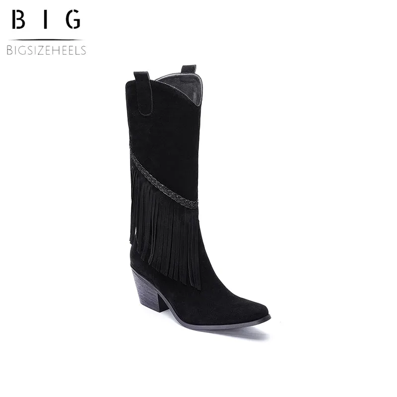 Bigsizeheels Chunky heel high tube square toe fringed boots- Black