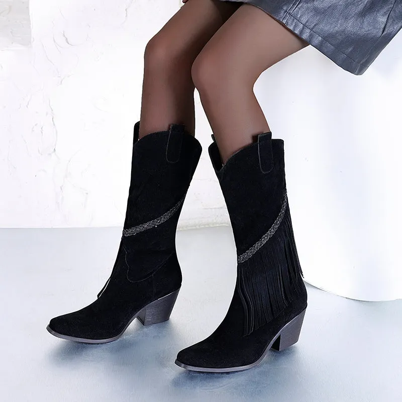 Bigsizeheels Chunky heel high tube square toe fringed boots- Black
