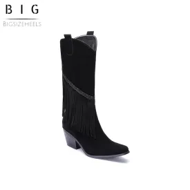 Bigsizeheels Chunky heel high tube square toe fringed boots- Black