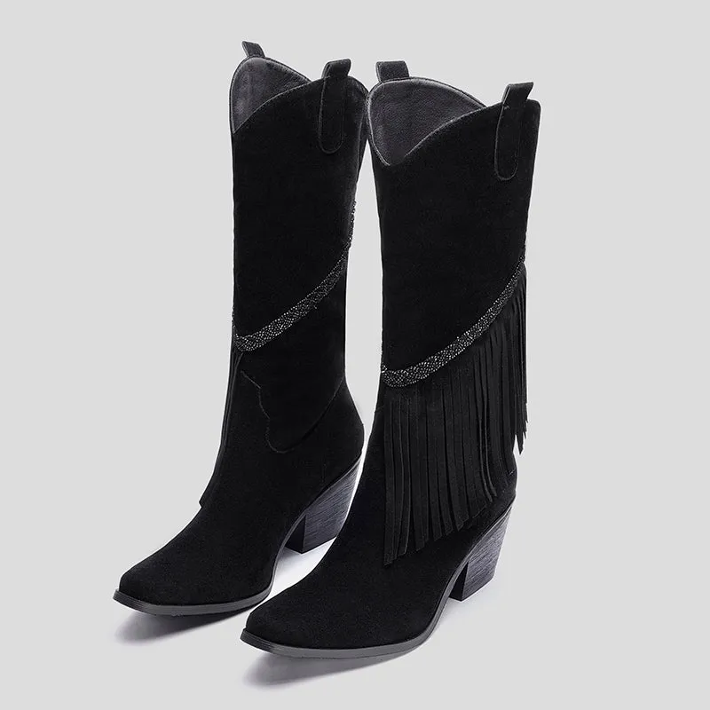 Bigsizeheels Chunky heel high tube square toe fringed boots- Black
