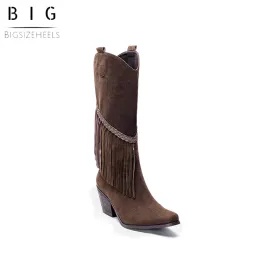 Bigsizeheels Chunky heel high tube square toe fringed boots- Deep brown