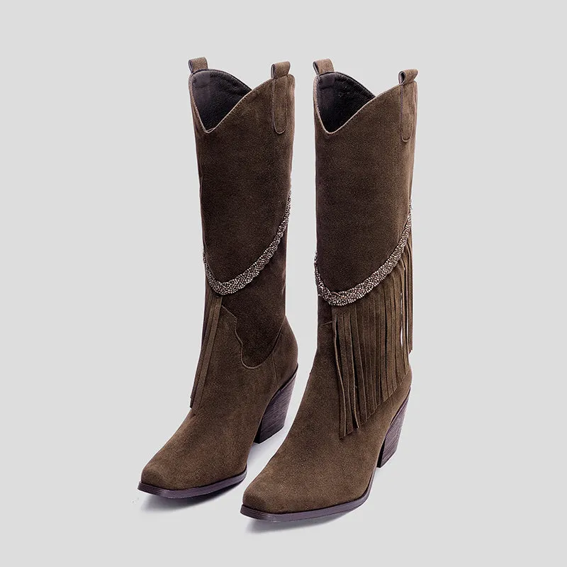 Bigsizeheels Chunky heel high tube square toe fringed boots- Deep brown