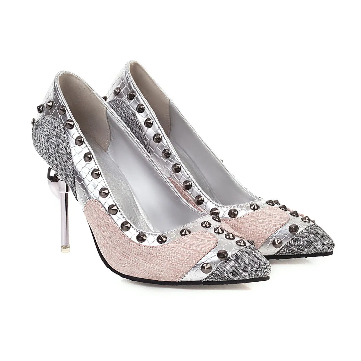 Bigsizeheels Rivet Pointed Toe Stiletto Heel Pumps -Pink/Gray