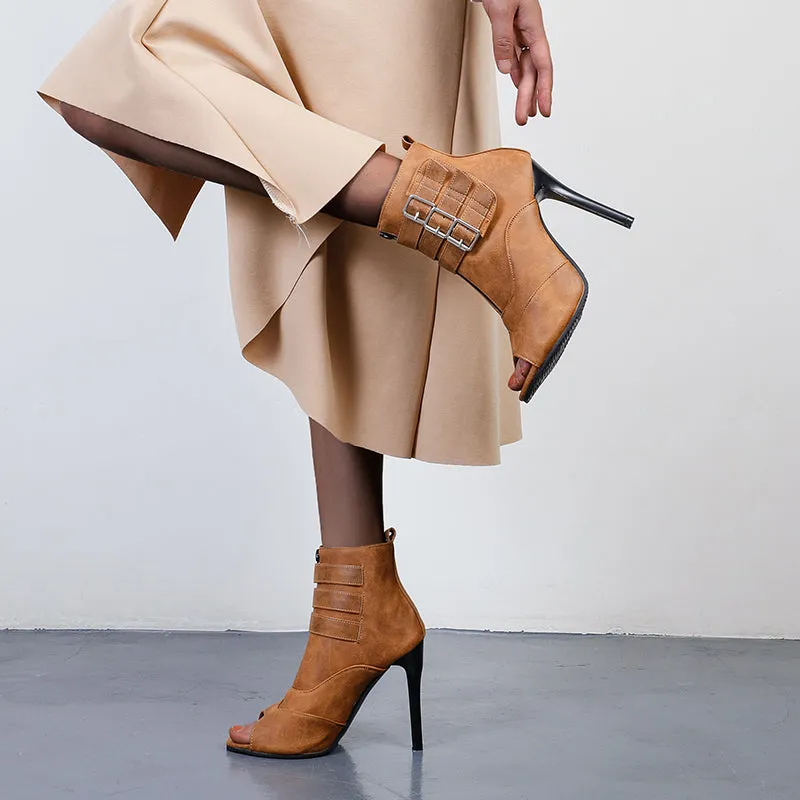 Bigsizeheels Sexy peep-toe stiletto leather sandals - Brown