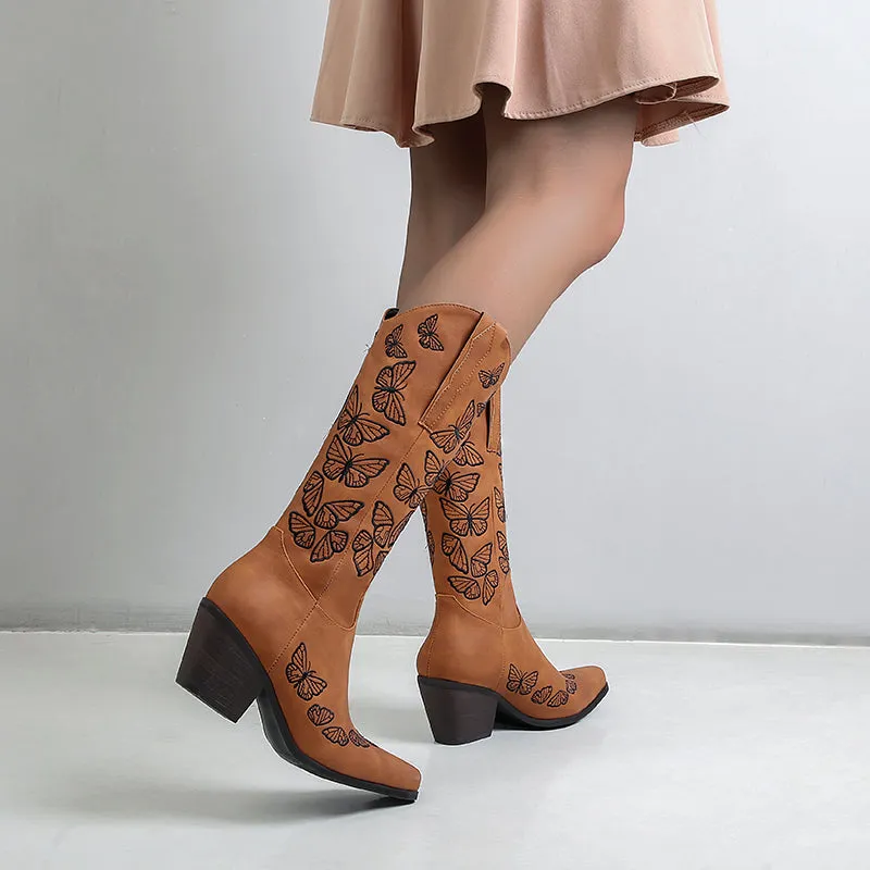 Bigsizeheels Vintage chunky heel pointed toe embroidery boots- Brown