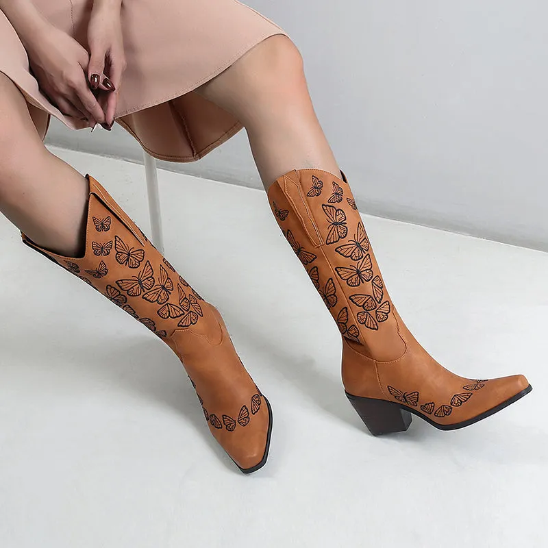 Bigsizeheels Vintage chunky heel pointed toe embroidery boots- Brown
