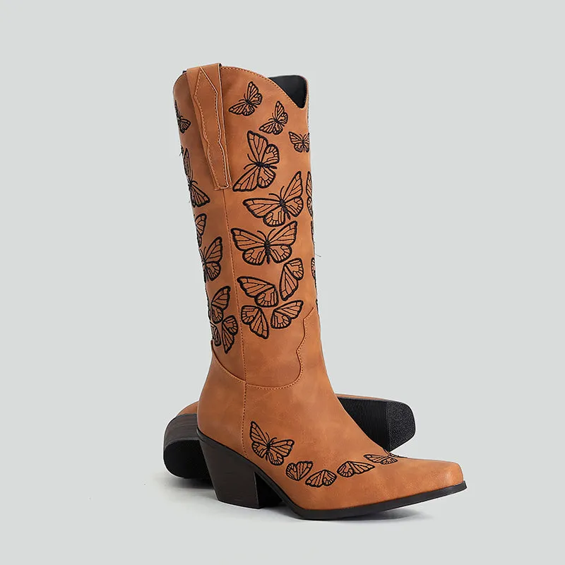 Bigsizeheels Vintage chunky heel pointed toe embroidery boots- Brown
