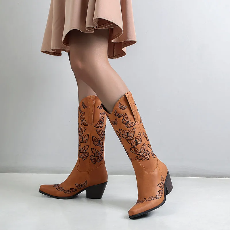 Bigsizeheels Vintage chunky heel pointed toe embroidery boots- Brown