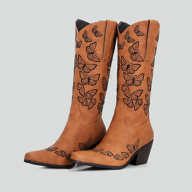 Bigsizeheels Vintage chunky heel pointed toe embroidery boots- Brown
