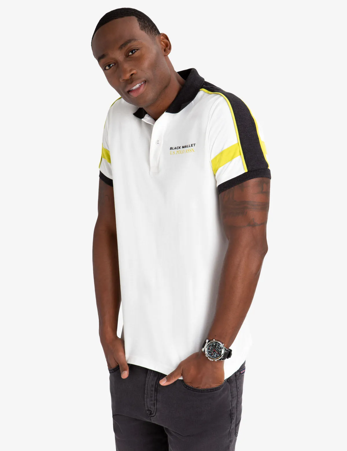 BLACK MALLET SHOULDER PIECING POLO SHIRT