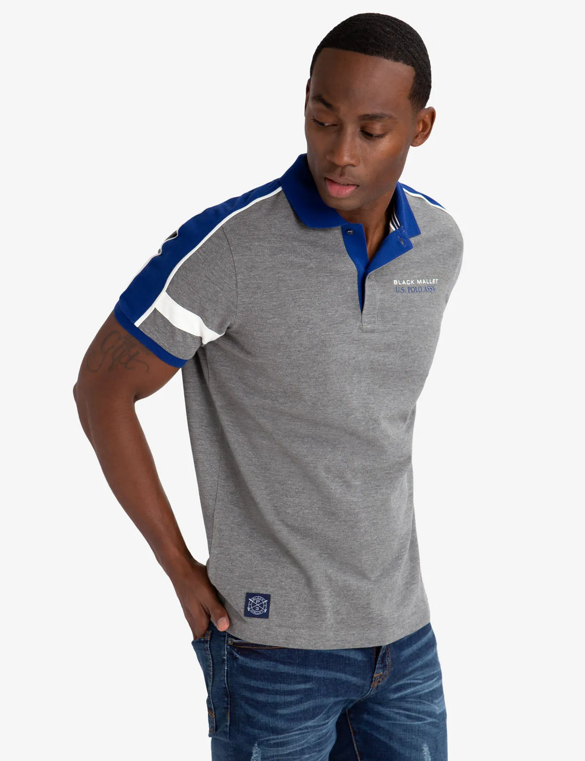 BLACK MALLET SHOULDER PIECING POLO SHIRT