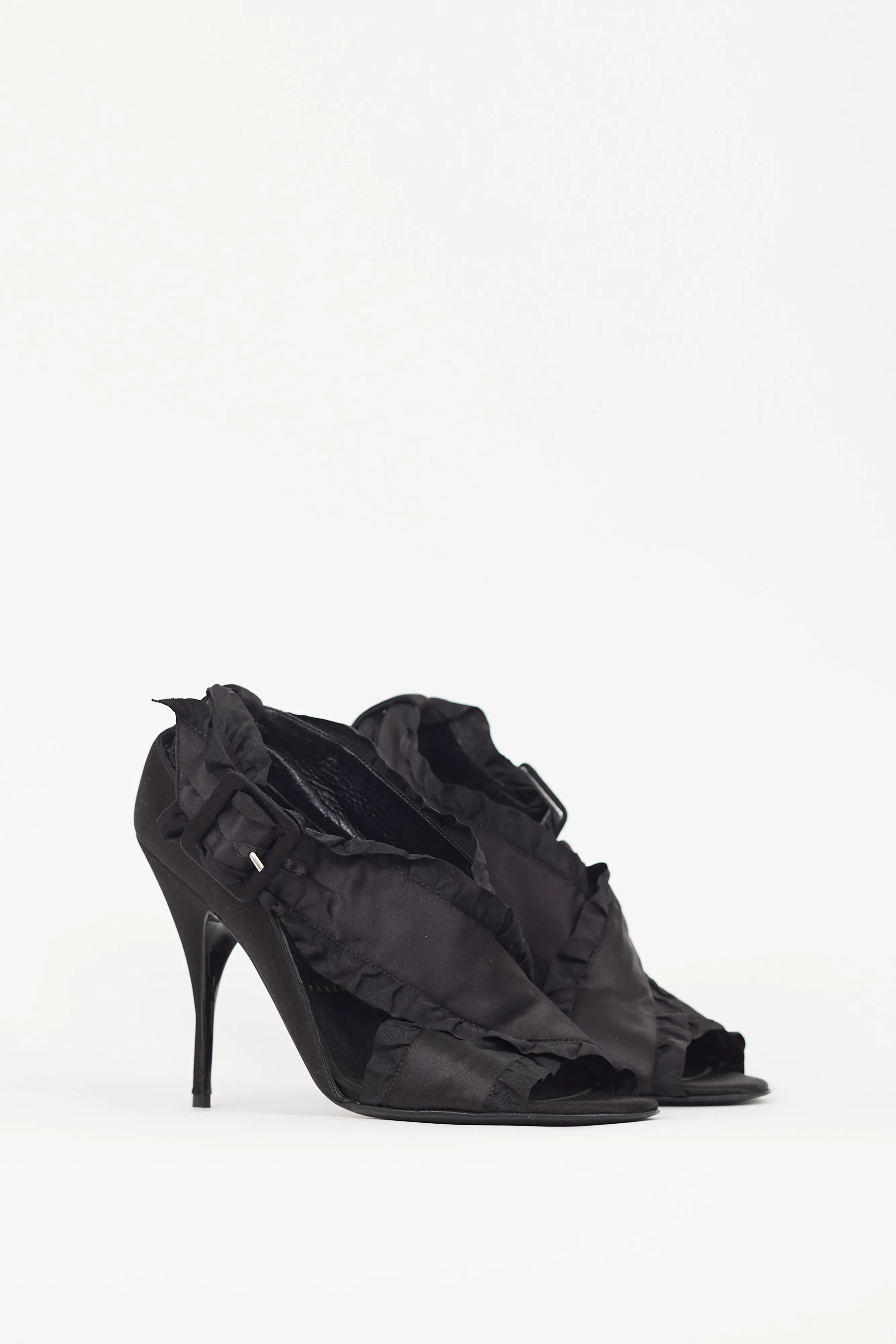 Black Satin Ruffled Strappy Heel