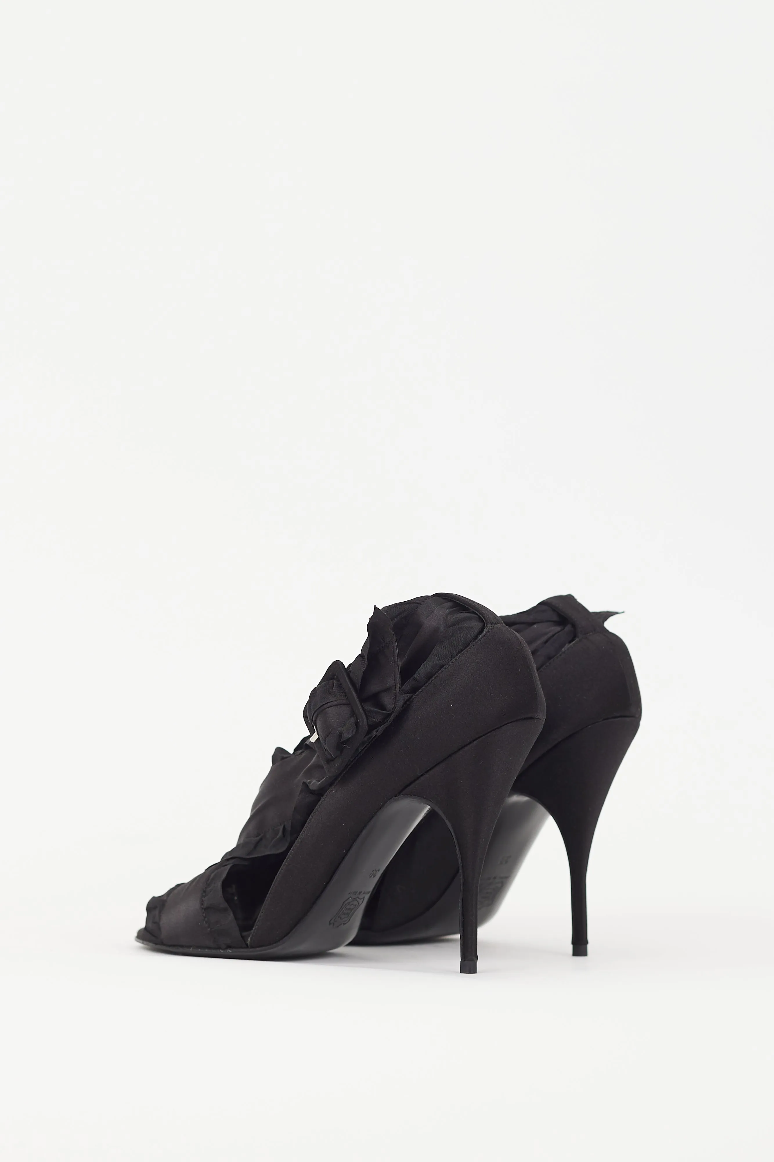 Black Satin Ruffled Strappy Heel