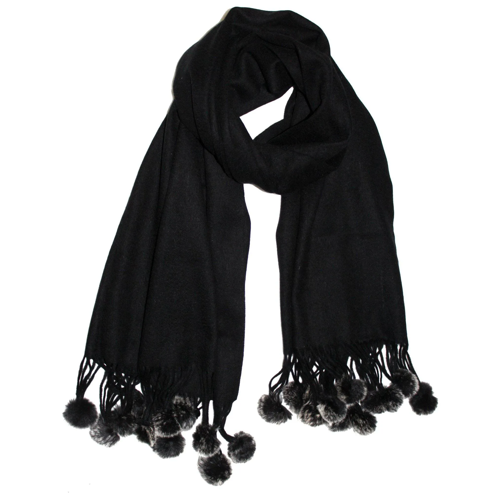 Black Snow Wrap with Rabbit Fur Pom Poms