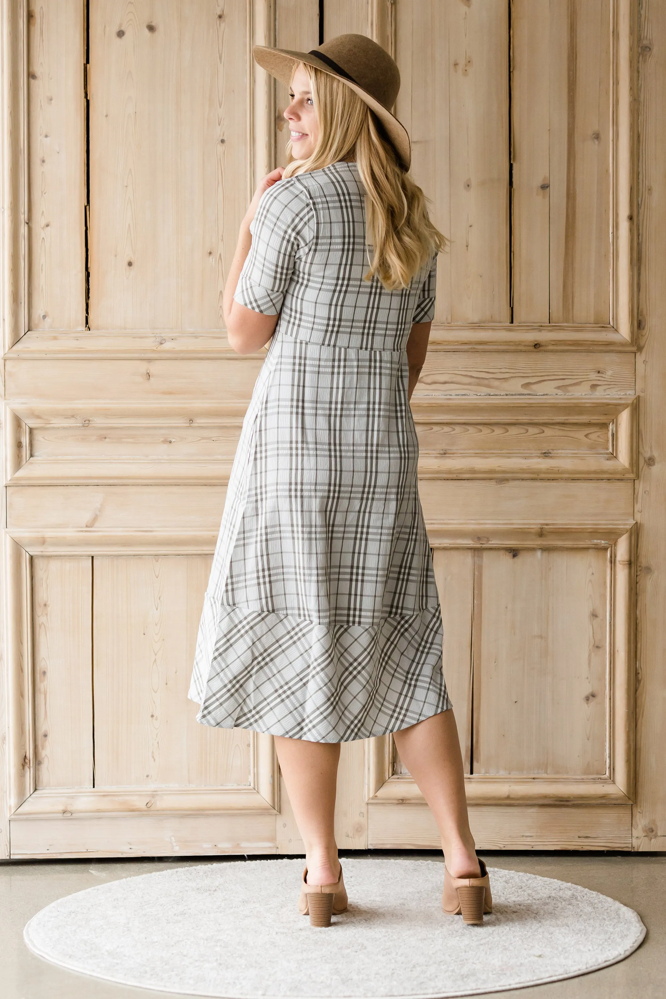 Button Up Plaid 1/2 Sleeve Midi Dress - FINAL SALE