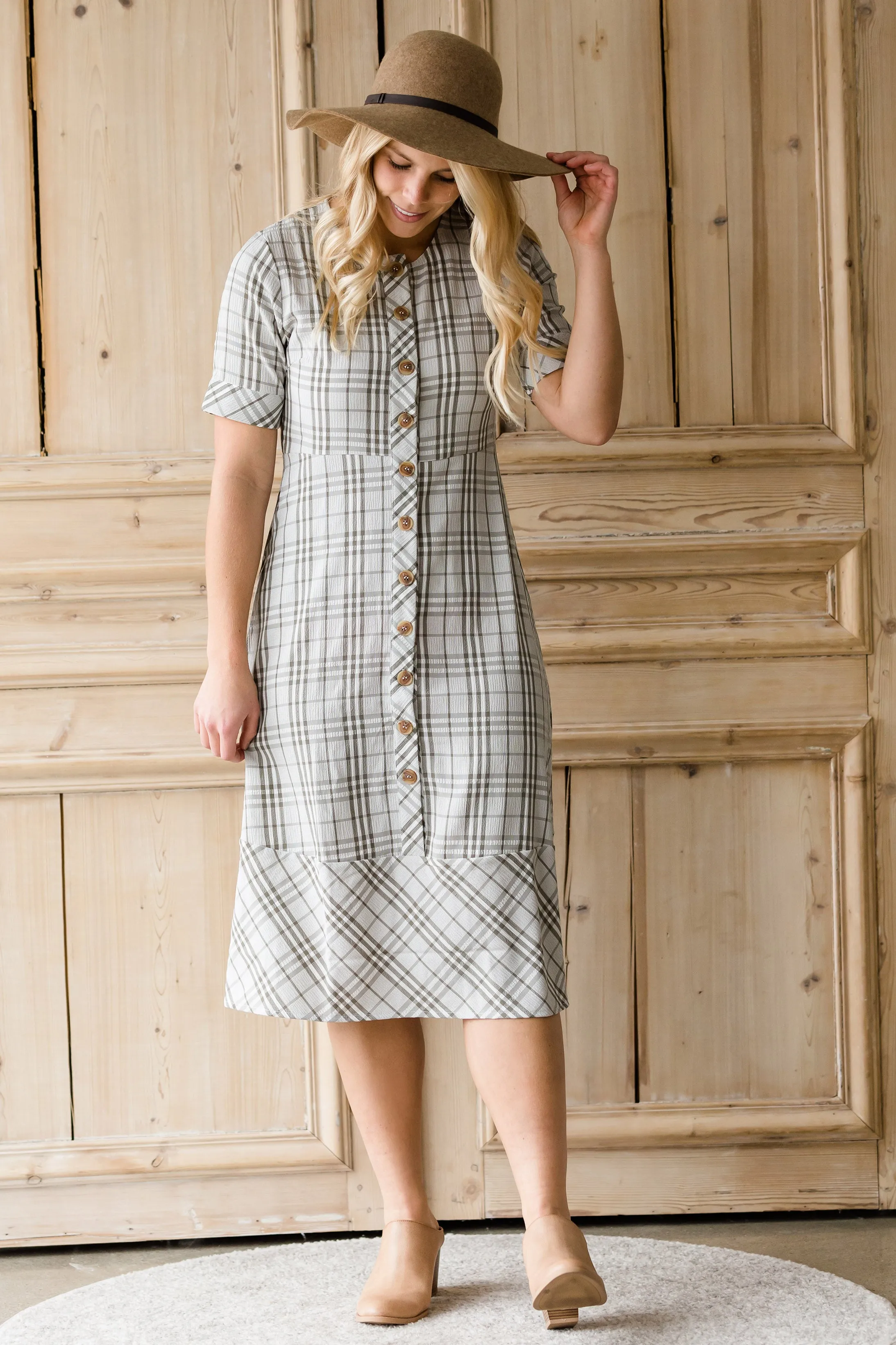 Button Up Plaid 1/2 Sleeve Midi Dress - FINAL SALE