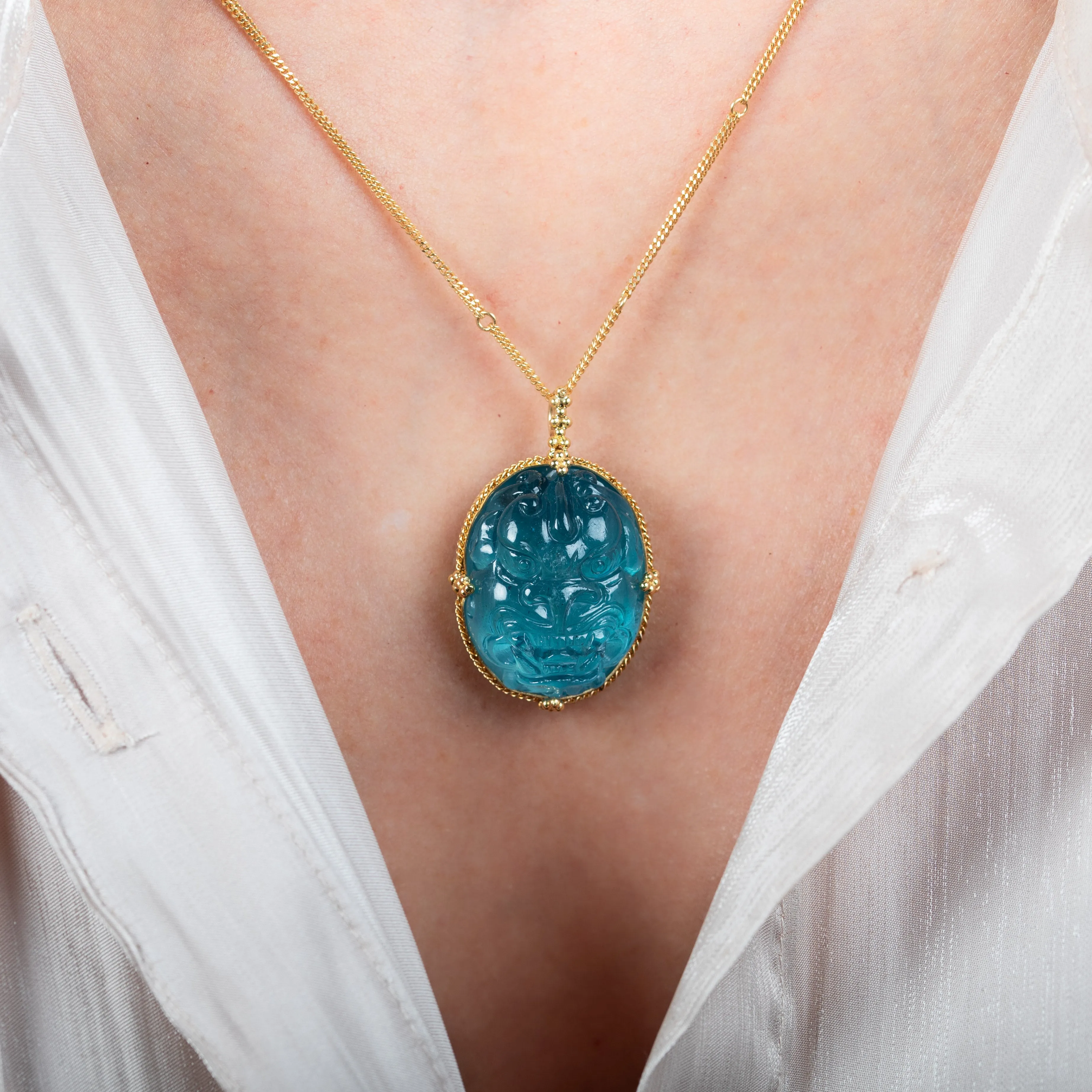 Carved Aquamarine Dragon Necklace