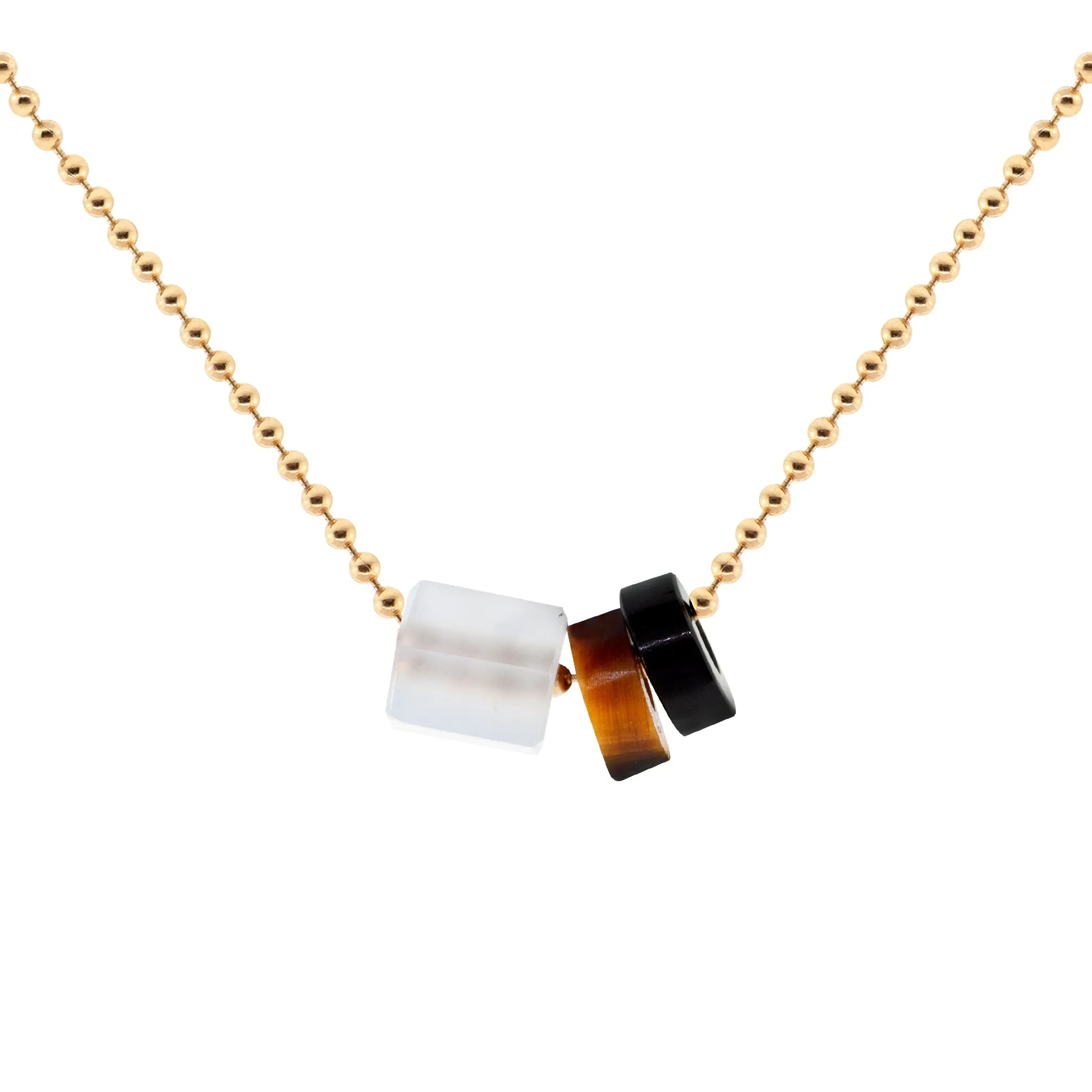 Carved Gemstone On Gold Ball Chain Necklace- Blue Chalcedony