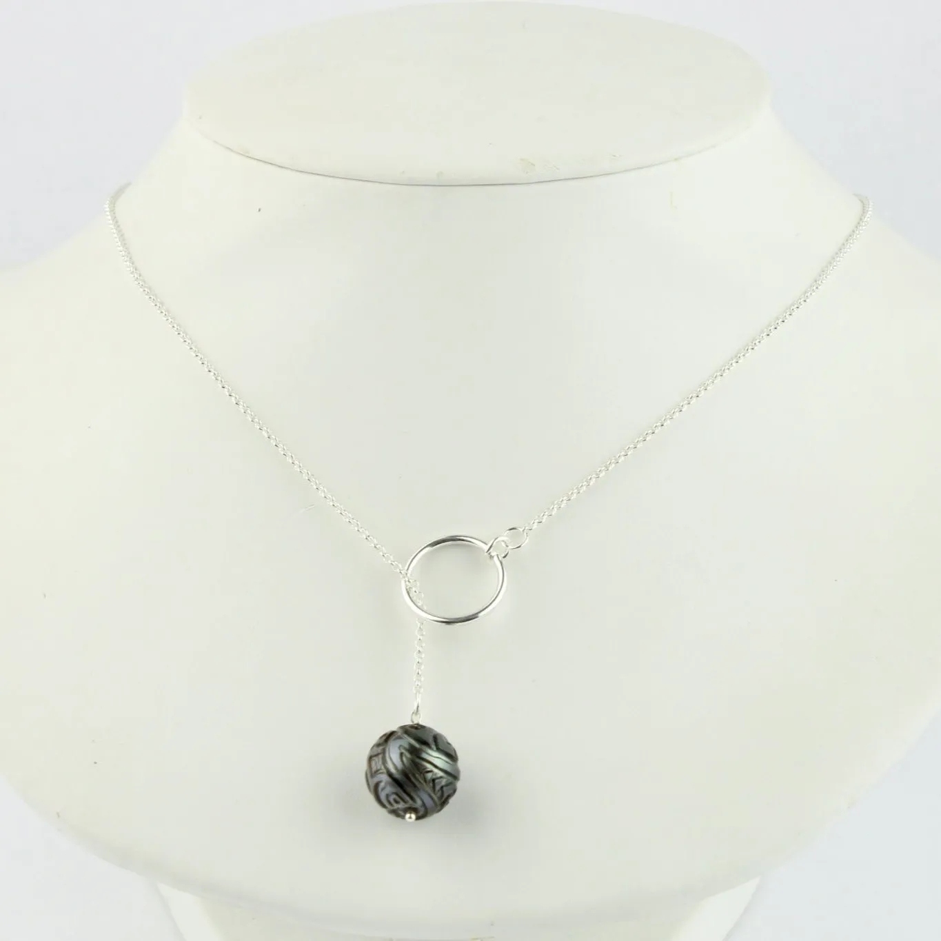 Carved Round 13.5mm Tahitian Pearl Lariat Chain Necklace