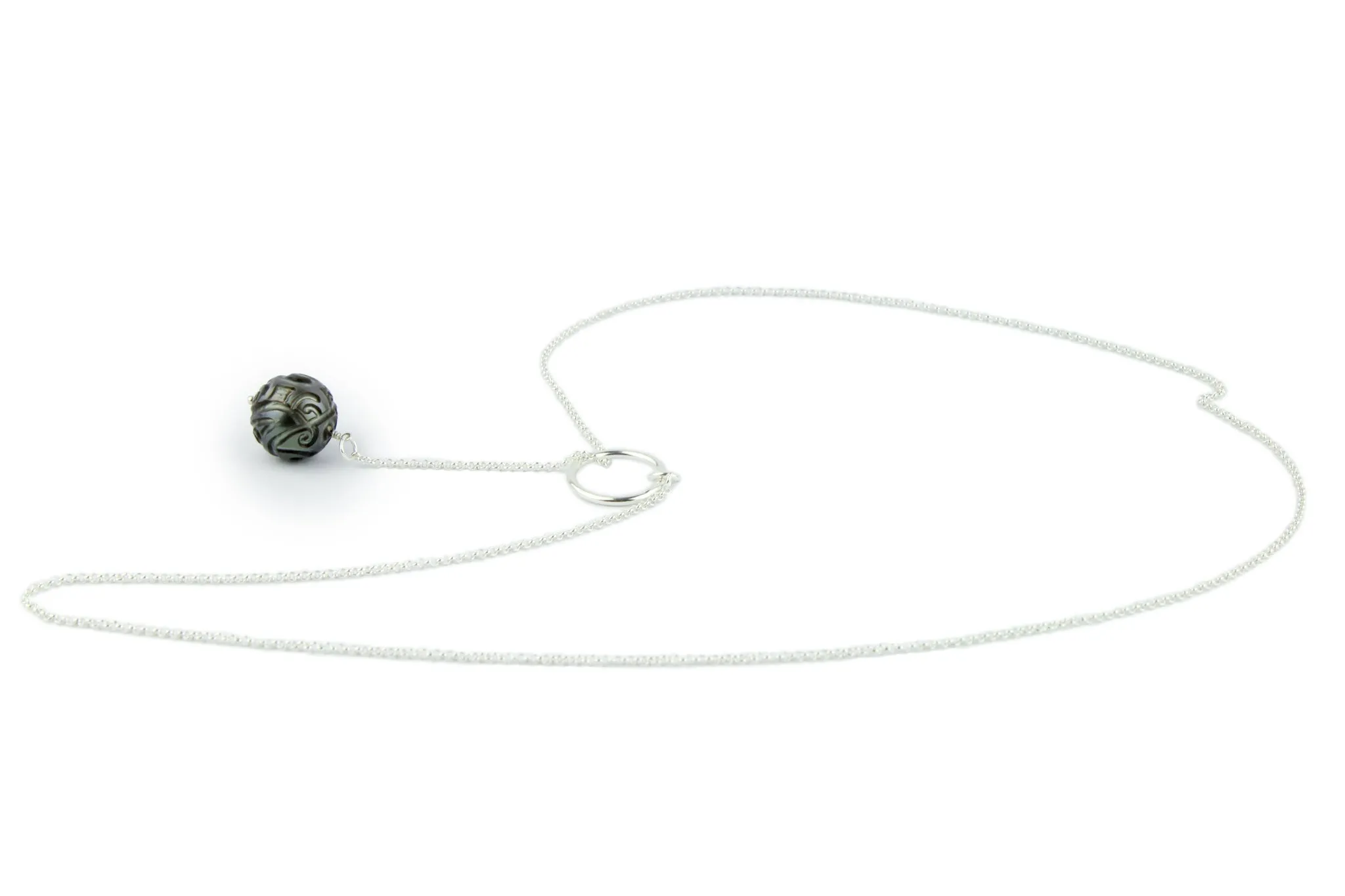 Carved Round 13.5mm Tahitian Pearl Lariat Chain Necklace