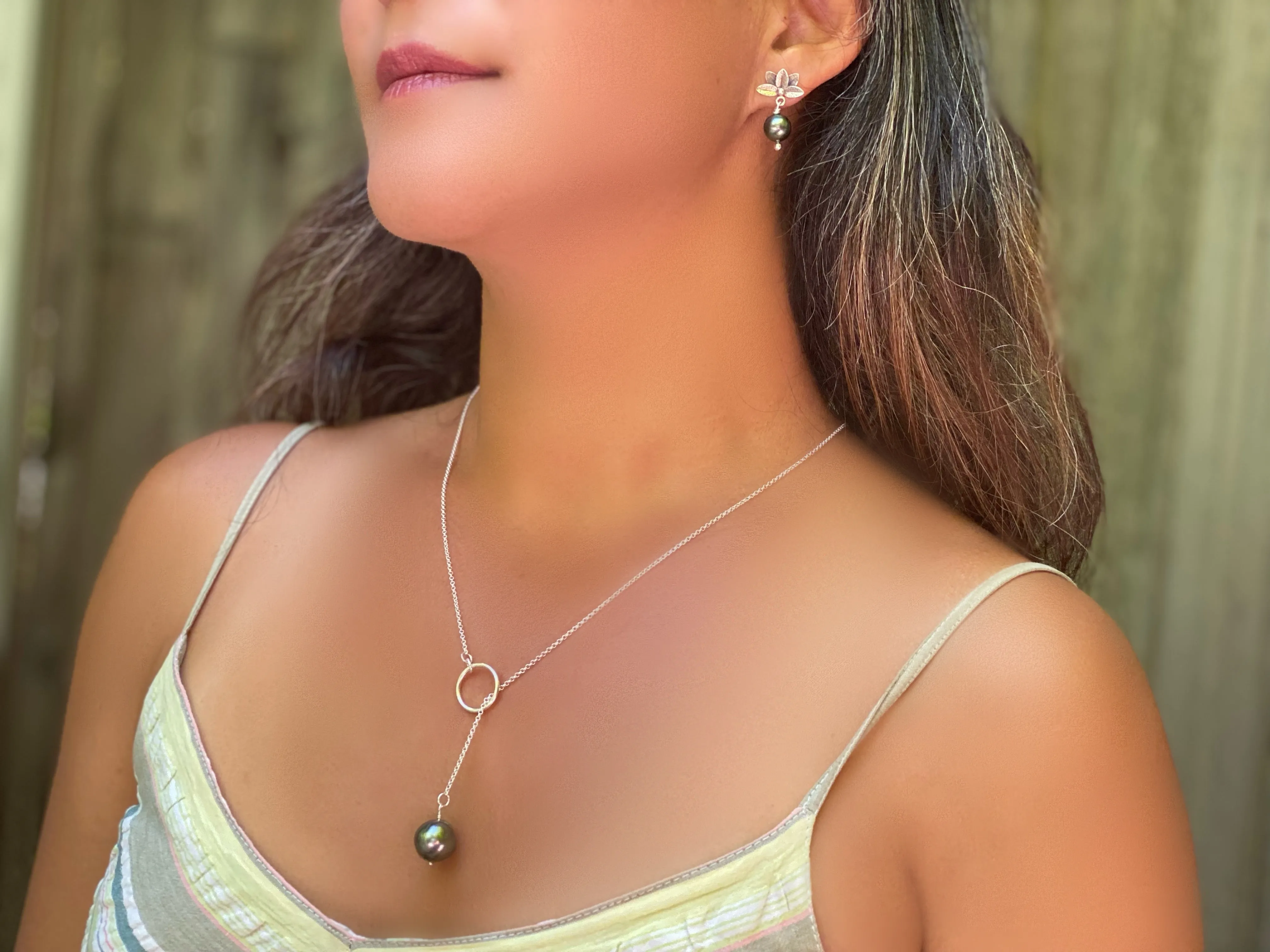 Carved Round 13.5mm Tahitian Pearl Lariat Chain Necklace