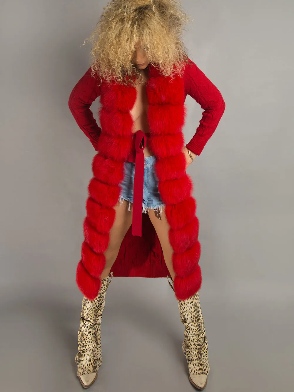 CAVO Fur & Cashmere Cardigan in Red