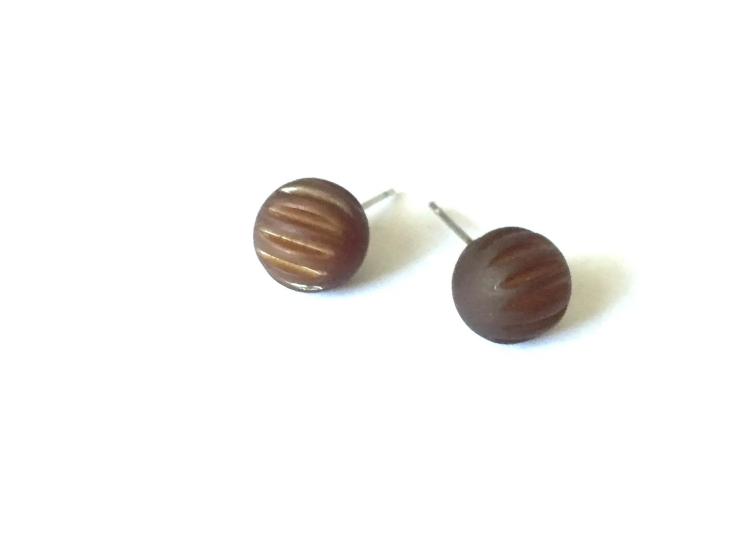 Coffee Brown Matte Corrugated Ball Stud Earrings