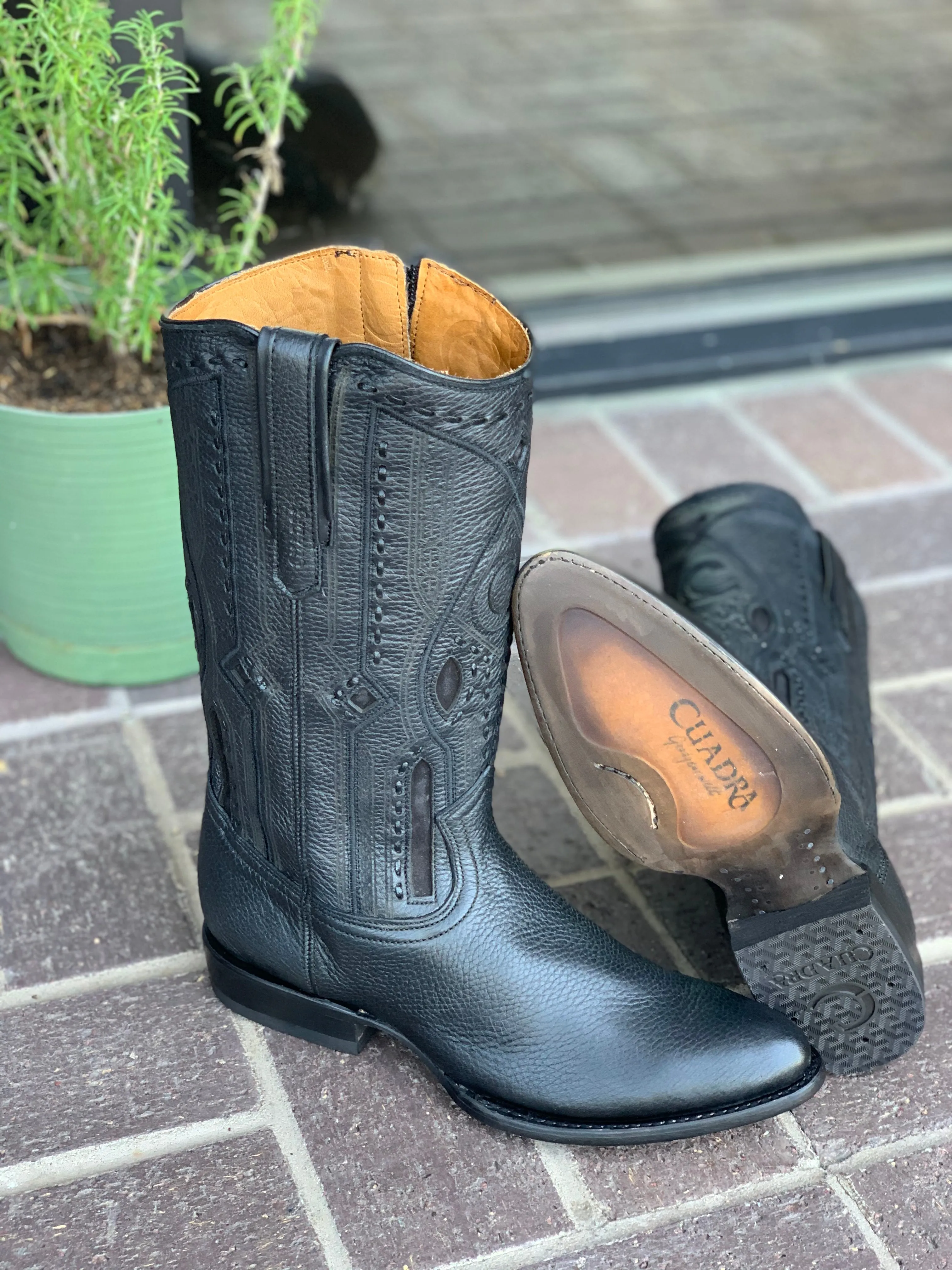 Cuadra Black Deer With Side Zipper Semi Oval Toe Cowboy Boots
