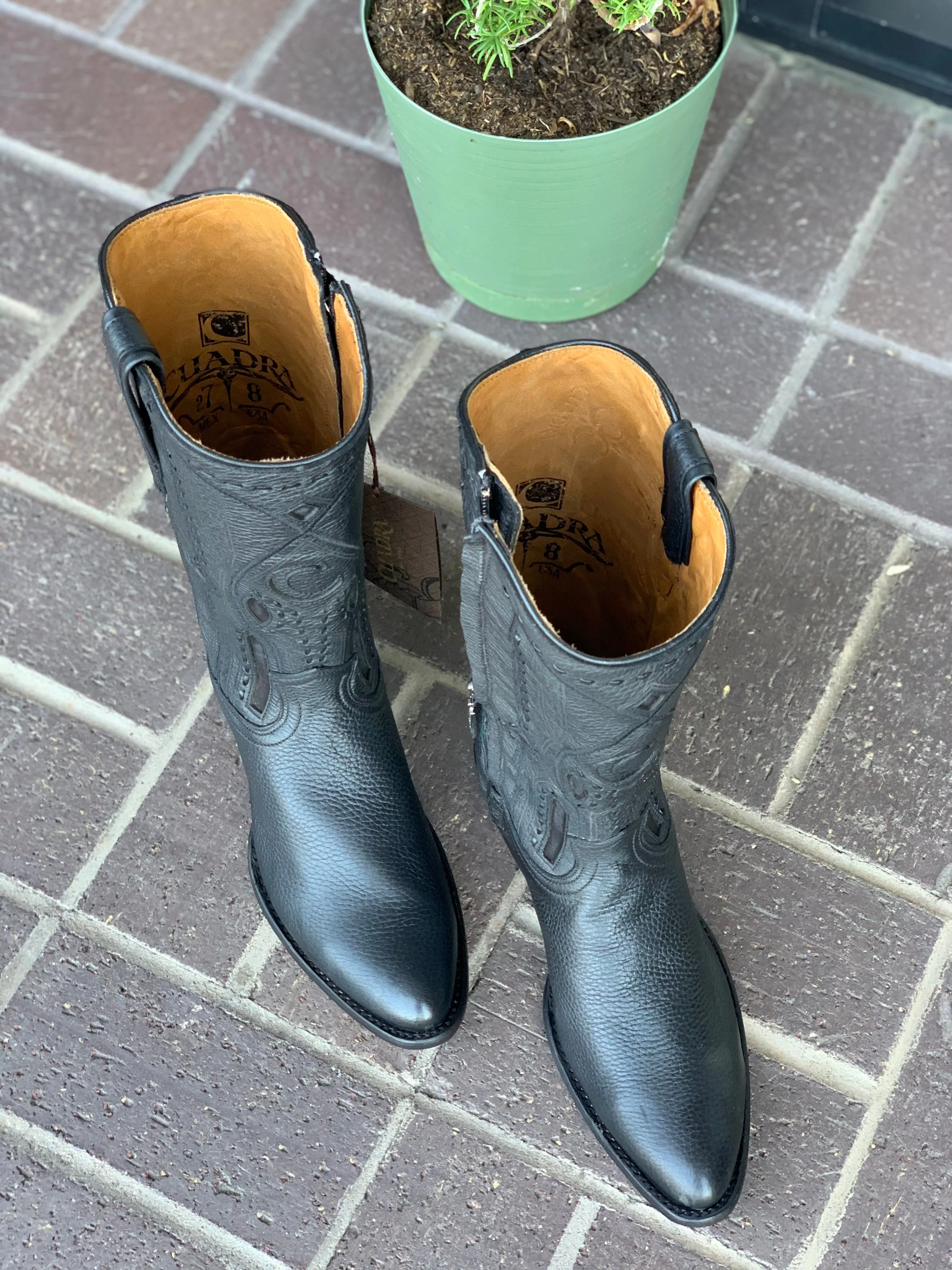 Cuadra Black Deer With Side Zipper Semi Oval Toe Cowboy Boots