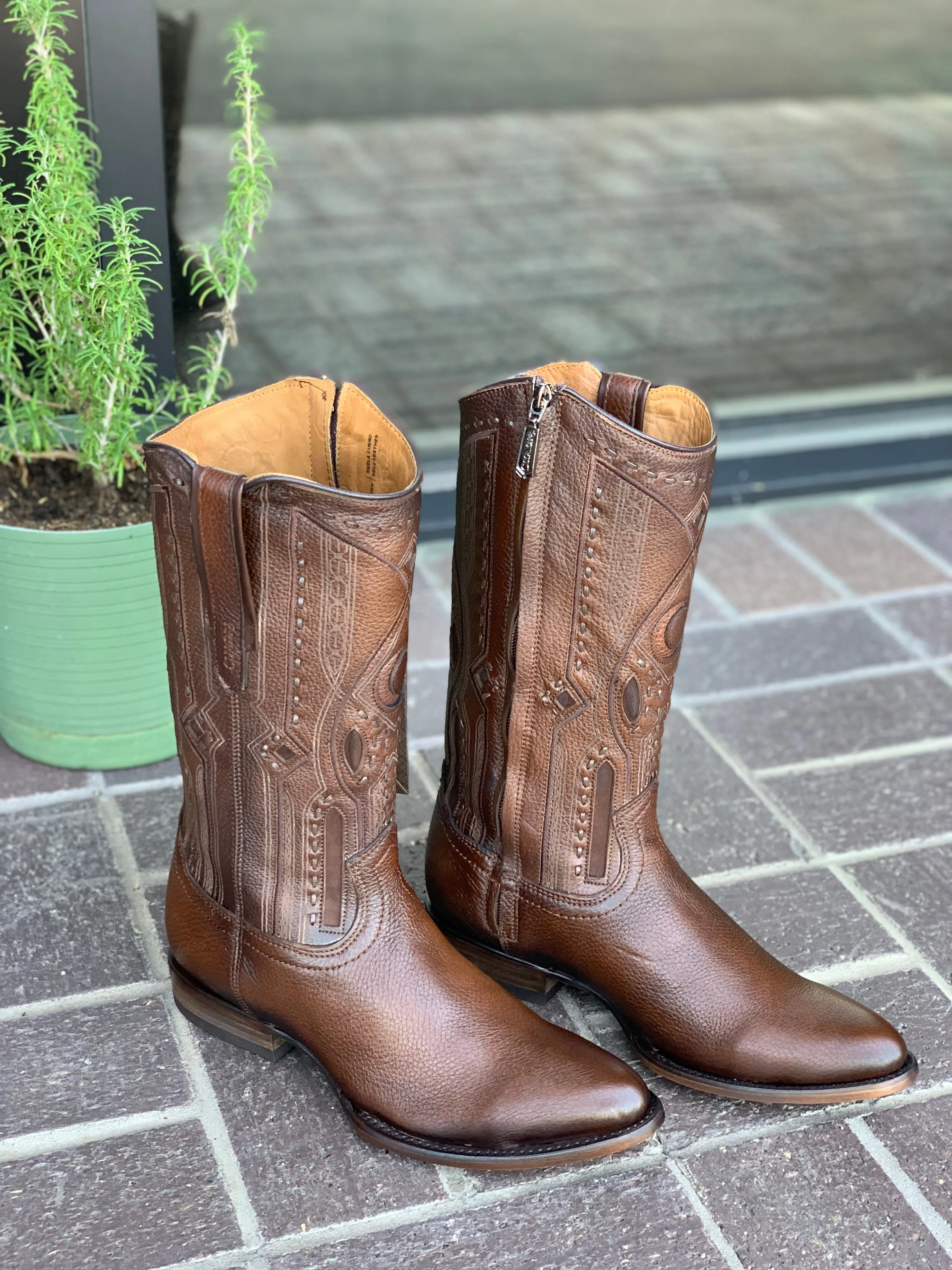 Cuadra Brown Copenage Deer With Side Zipper Semi Oval Toe Cowboy Boots