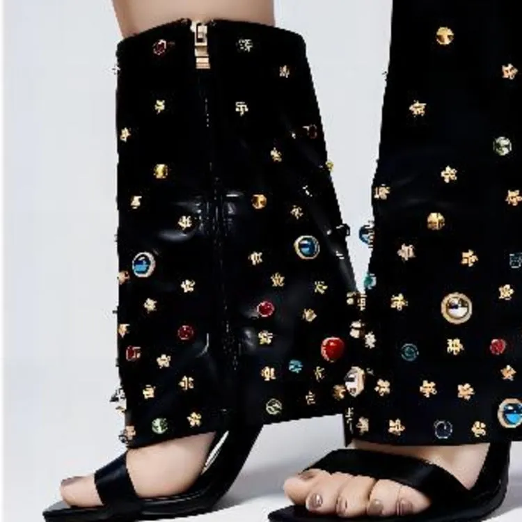 DEANWANGKT  Cross-Border European and American Style Fashion Rivet with Stiletto Heel Fresh Breathable Slim Open Toe Sandal Boots