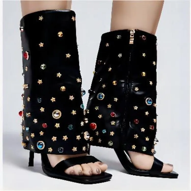 DEANWANGKT  Cross-Border European and American Style Fashion Rivet with Stiletto Heel Fresh Breathable Slim Open Toe Sandal Boots