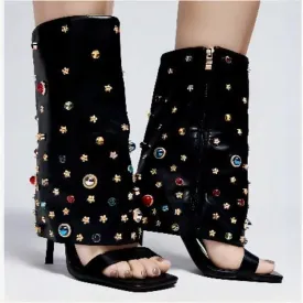 DEANWANGKT  Cross-Border European and American Style Fashion Rivet with Stiletto Heel Fresh Breathable Slim Open Toe Sandal Boots