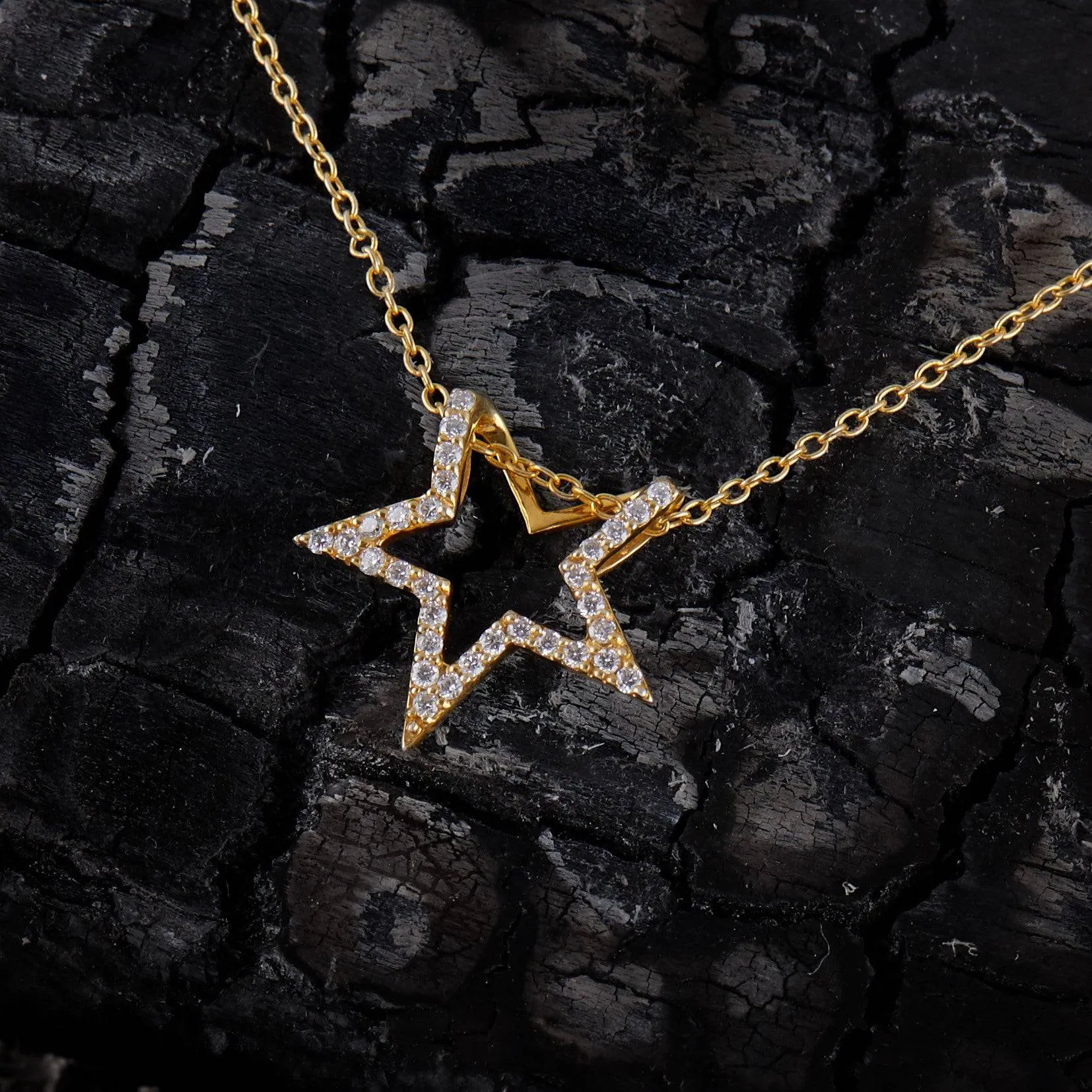 Diamond Open Star Pendant Necklace Gold