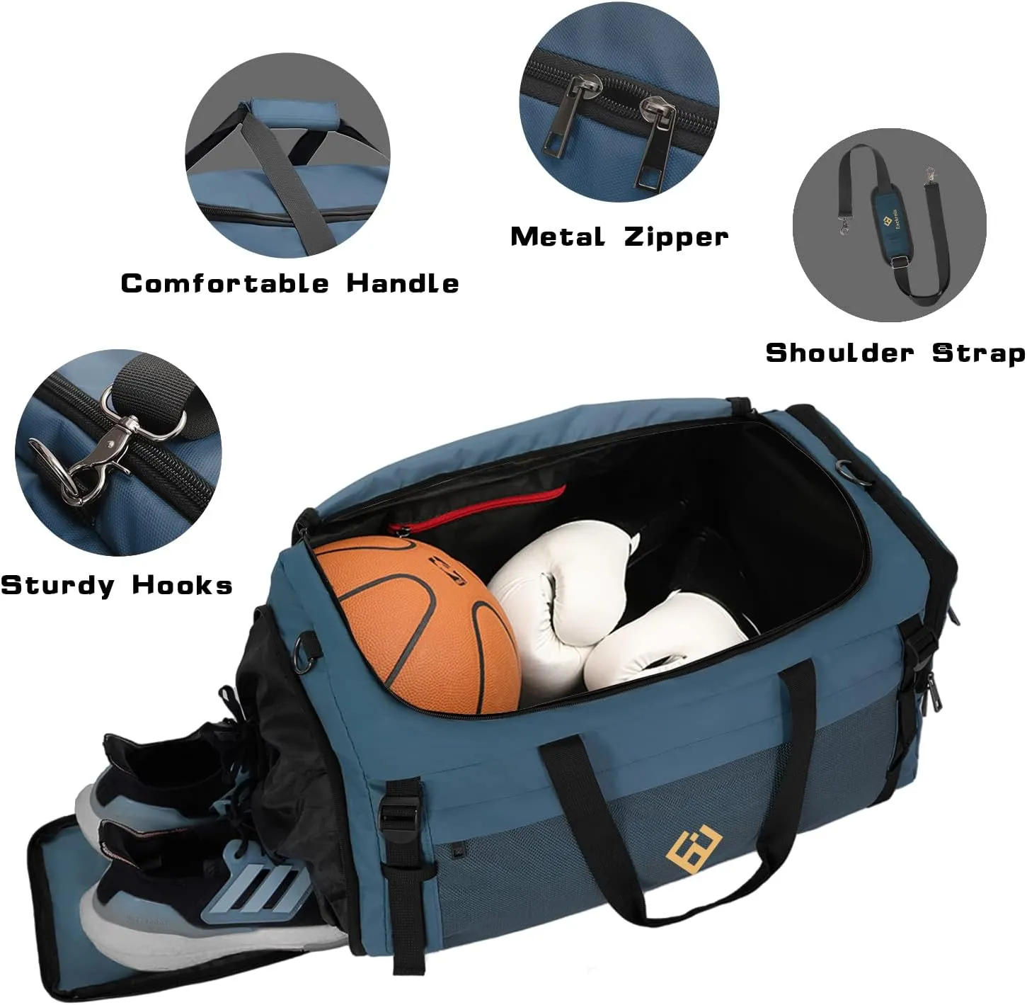 Eackrola Large Sports Gym Bag, Travel Duffel bag with Wet Pocket & Shoes Compartment for men women, 65L, Lightweight??Haze Blue??