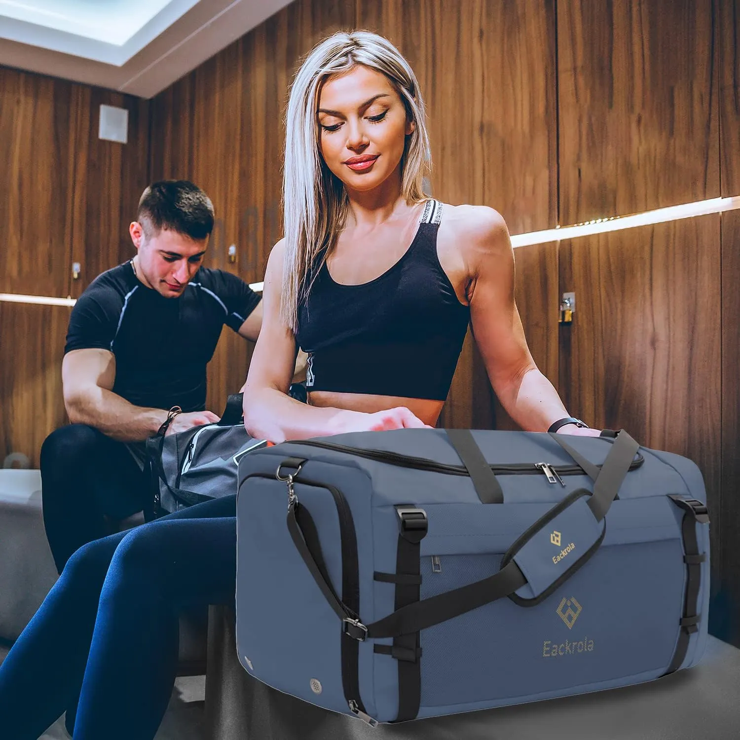 Eackrola Large Sports Gym Bag, Travel Duffel bag with Wet Pocket & Shoes Compartment for men women, 65L, Lightweight??Haze Blue??