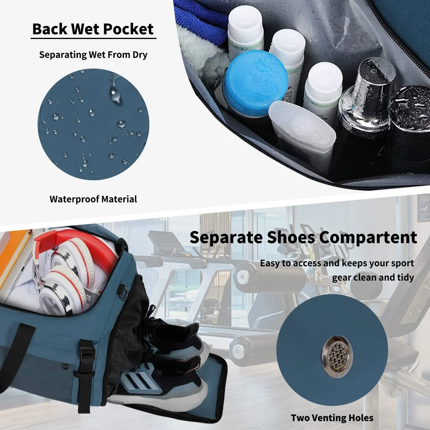 Eackrola Large Sports Gym Bag, Travel Duffel bag with Wet Pocket & Shoes Compartment for men women, 65L, Lightweight??Haze Blue??