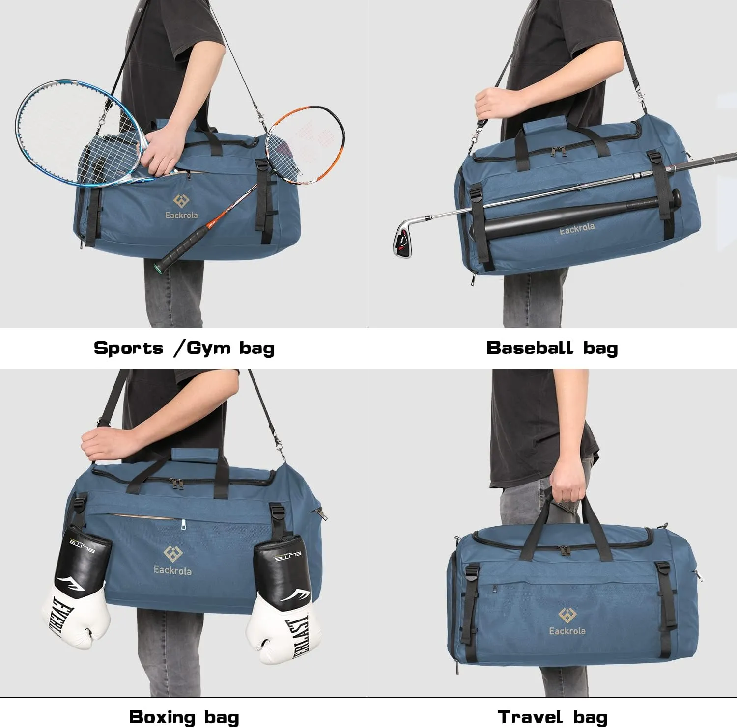 Eackrola Large Sports Gym Bag, Travel Duffel bag with Wet Pocket & Shoes Compartment for men women, 65L, Lightweight??Haze Blue??