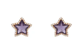 Earrings 18kt Gold Stars Amethyst & Diamonds Halo Studs