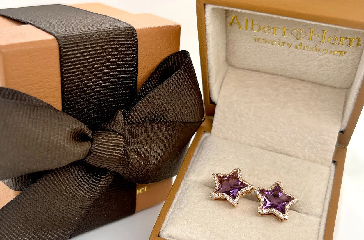 Earrings 18kt Gold Stars Amethyst & Diamonds Halo Studs
